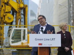 Mayor Naheed Nenshi and former premier Rachel Notley announce a formal funding agreement for the Green Line LRT project in Calgary on Wednesday, Jan. 30, 2019.