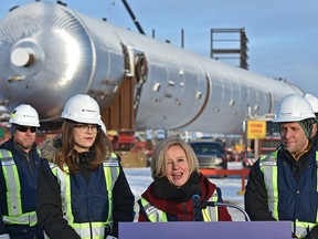 With a 820-tonne polypropylene splitter in back, Premier Rachel Notley visits Inter Pipeline’s Heartland petrochemical complex in Fort Saskatchewan, Jan. 10, 2019.