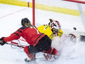 Canada forward Laura Stacey scores a shorthanded goal on Sweden goaltender Lovisa Selander during first period of 2018 Four Nations Cup preliminary game in Saskatoon, Tuesday, November 6, 2018.