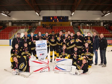 Earning the Esso Minor Hockey Week title in the Midget 5 division were the Bow River 5 Bruins. Cory Harding Photography