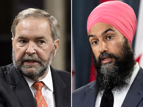 NDP Leader Jagmeet Singh, right, and his predecessor Thomas Mulcair. Mulcair says his remarks that appear critical of Singh are just part of his new job as a political commentator.