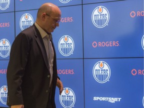 Edmonton Oilers general manager Peter Chiarelli leaves the hall of fame room at Rogers Place on Nov. 28, 2017, after speaking to the media.