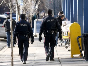 Police patrol the area around the Sheldon M. Chumir Health Centre after numerous complaints from the Beltline community on Tuesday, Jan. 29, 2019.