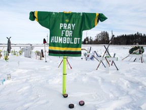 The memorial for the Humboldt Broncos hockey team at the site where 16 people died and 13 were injured when a truck and team bus collided near Tisdale, Sask.