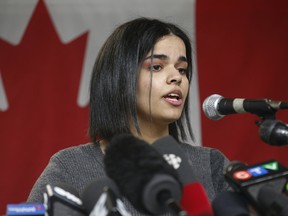 Rahaf Mohammad, 18, the Saudi teen who was granted asylum in Canada speaks to media at the COSTI Corvetti Education Centre in Toronto on Tuesday, Jan. 15, 2019.