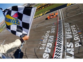 LAS VEGAS, NV - SEPTEMBER 16: Brad Keselowski, driver of the #2 Autotrader Ford, crosses the finish line to win the Monster Energy NASCAR Cup Series SouthPoint 400 at Las Vegas Motor Speedway on September 16, 2018 in Las Vegas, Nevada.