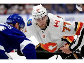 Flames forward Mark Jankowski faces off during a game against the Tampa Bay Lightning at Amalie Arena in Tampa, Fla.