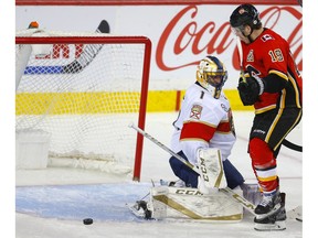 Calgary Flames Matthew Tkachuk scores on Florida Panthers goalie Roberto Luongo in NHL hockey action at the Scotiabank Saddledome in Calgary, on Friday January 11, 2019. Leah Hennel/Postmedia