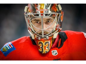 Calgary Flames David Rittich during the pre-game skate before facing the San Jose Sharks in NHL hockey at the Scotiabank Saddledome in Calgary on Thursday, February 7, 2019. Al Charest/Postmedia