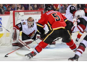 Calgary Flames Mark Giordano scores on Cal Pickard of the Arizona Coyotes during NHL hockey at the Scotiabank Saddledome in Calgary on Monday, February 18, 2019. Al Charest / Postmedia