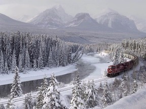 File photo of a Canadian Pacific freight train at Morant's Curve near Lake Louise.