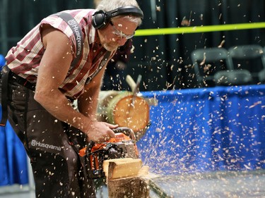 A chainsaw master carves during the Lumberjack Show at the Calgary Boat and Outdoors Show at the BMO Centre on Thursday February 7, 2019. The show continues through the weekend.