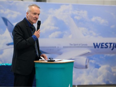 Westjet's President and CEO Ed Sims speaks before tours of the company's Boeing 787 Dreamliner on Thursday February 14, 2019. Westjet let media tour the interior of the new aircraft in Calgary.