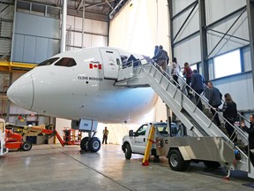 Westjet's first Boeing 787 Dreamliner was opened up for media in Calgary to take a look at the interior on Thursday February 14, 2019. The Dreamliner is too large for the company's current hangers and so just the front of the plane was moved into the hanger. A new larger hanger is set to complete construction at the end of March.