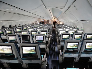 Westjet's first Boeing 787 Dreamliner was opened up for media in Calgary to take a look at the interior on Thursday February 14, 2019. This is the economy section of the plane.