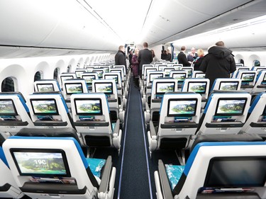 Westjet's first Boeing 787 Dreamliner was opened up for media in Calgary to take a look at the interior on Thursday February 14, 2019. This is the economy section of the plane.