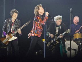 Ronnie Wood, left to right, Mick Jagger, Keith Richards and Charlie Watts of the Rolling Stones perform during the concert of their 'No Filter' Europe Tour 2017 at U Arena in Nanterre, outside Paris, France, October 22, 2017.