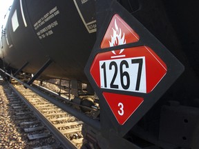 Warning placard on a tank car carrying crude oil.