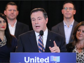 UCP leader Jason Kenney speaks to media in Calgary at the Westin Hotel Friday, February 1, 2019 surrounded by other party candidates in the background. Jim Wells/Postmedia