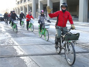 Cyclists attending the Winter Cycling Congress prepare to depart from the downtown Central Library for a tour in Calgary on Thursday. Nearly 500 transportation, city planning and cycling buffs were in town from around the world and to discuss year-round bike infrastructure and initiatives.