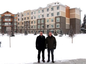 Dave Skaret, left, and Bruce Chapman of Target Project Management outside the new Horizon Housing facility in Glamorgan they worked on. Supplied photo