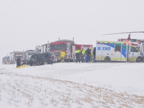 RCMP say one person is dead and three people have been taken to hospital following a two-vehicle collision on Highway 36 north of Highway 61 near Taber.Photo by Trevor Busch/ Taber Times