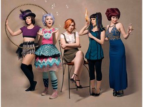 Carisa Hendrix, centre, and her many personas: From left, Circus Max, Dee Dee Darling, The Amazing Stunt Girl and Lucy Darling.