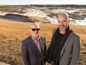 Jeff Burns and Josh Hagen in front of the Greystone land in Cochrane.