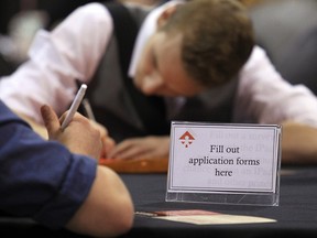 The city said approximately 46,700 workers between the ages of 25 to 54 were unemployed in March 2018, jumping to 61 per cent by last month to around 60,000 unemployed prime-aged workers. Young men fill out employment applications at a jobs fair in Calgary in 2014.