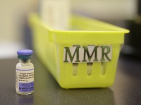 FILE - This Feb. 6, 2015, file photo shows a measles, mumps and rubella vaccine on a countertop at a pediatrics clinic in Greenbrae, Calif. The U.S. has counted more measles cases in the first two months of this year than in all of 2017 _ and part of the rising threat is misinformation that makes some parents balk at a crucial vaccine, federal health officials told Congress Wednesday, Feb. 27, 2019 .