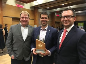 From left, Dean Guidolin, design manager; Marcello Garcea, associate construction manager; and Doug Owens, senior director of strategic development and regulatory affairs for Brookfield Residential. The trio accepted the Green Building Excellence Award for Inspiring Home, for Brookfield Residential's Passive House in Symons Gate, at the Canada Green Building Council Alberta Leadership Awards held Jan. 31, 2019, at the Calgary Zoo.