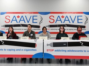 University students and physicians with the group SAAVE (Stop Addicting Adolescents to Vaping and E-Cigarettes) hold a press conference at the Parkdale community hall on Tuesday, February 12, 2019. The group is asking government to help prevent adolescents from accessing e-cigarettes.