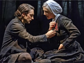 Charlie Gallant (Arthur Dimmesdale), Heather Pattengale (Hester Prynne) in Theatre Calgary's The Scarlet Letter.  Courtesy, Trudie Lee