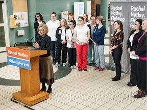 Standing behind a podium and in front of signs which stated "Rachel Notley. Fighting For You," the premier spoke at Lethbridge's Chinook Regional Hospital on Saturday, flanked by nurses as well as Environment Minister Shannon Phillips.
