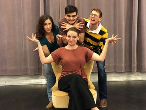 (title of show) stars Jessica Eckstadt, seated, with Keirstyn Secord, Daniel Fong and Jeffrey Follis.