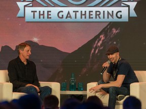 Prefessional skateboarder Tony Hawk, left, engages the audience at The Gathering Summit on what it's like to be the person who is the brand at the Fairmont Banff Springs Hotel on February 21. Photo Graham Twomey.