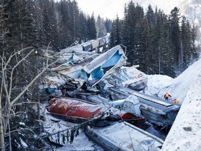 The train derailment, which killed three crew members, east of Field, B.C., near the Lower Spiral Tunnel on Monday, Feb. 4, 2019.