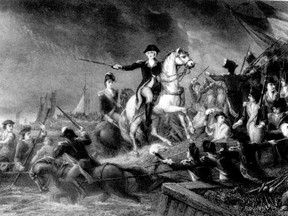 This illustration shows Gen. George Washington escaping New York in 1776, a few weeks after a plot to assassinate him was foiled.