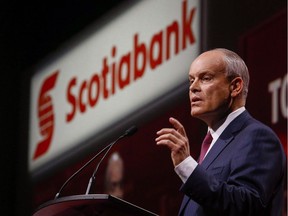 Brian Porter, president and CEO of Scotiabank, addresses the company's annual meeting in Calgary, Tuesday, April 12, 2016.