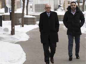 Alberta Party Leader Stephen Mandel arrives at the Edmonton Law Courts to speak to reporters on Feb. 22, 2019, after his appeal of a penalty issued by the province's election commissioner. Also pictured is Moe Rahall Edmonton-Castle Downs Alberta Party candidate.