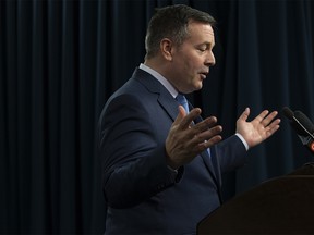 UCP leader Jason Kenney speaks to the media as he responds to the Speech from the Throne at the Alberta Legislature, in Edmonton Monday March 18, 2019. During the press conference Kenney also denied any involvement in creating a kamikaze campaign during his 2017 leadership bid against Brian Jean. Photo by David Bloom