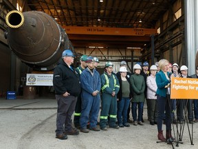 Alberta NDP Leader Rachel Notley announces her party would double incentives for petrochemical and upgrading projects from $3.6 billion to $7 billion over the next 10 years at Cessco in Edmonton, on Wednesday.