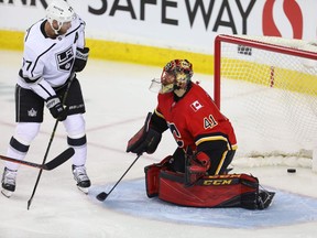 Calgary Flames goaltender Mike Smith reacts after giving up a goal to the Los Angeles Kings during NHL hockey at the Scotiabank Saddledome in Calgary on Monday, March 25, 2019. Al Charest/Postmedia