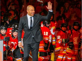 Jarome Iginla, the Calgary Flames all-time leader in points and games played, during his jersey-retiring ceremony at the Scotiabank Saddledome in Calgary on Saturday, March 2, 2019.