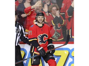 Calgary Flames forward Michael Frolik celebrates after scoring against the Columbus Blue Jackets in NHL hockey at the Scotiabank Saddledome in Calgary on Tuesday. Photo by Al Charest/Postmedia.