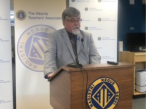 Greg Jeffery, president of the Alberta Teachersí Association, speaks to reporters Tuesday, March 26, 2019 about the UCPís education platform. Janet French/Postmedia