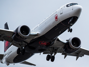 An Air Canada Boeing 737 Max aircraft prepares to land at Vancouver International Airport on March 12, 2019.