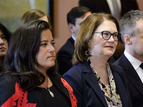 Liberal MPs Jody Wilson-Raybould and Jane Philpott take part in a cabinet shuffle at Rideau Hall in Ottawa on Monday, Jan. 14, 2019. THE CANADIAN PRESS/Sean Kilpatrick ORG XMIT: SKP121