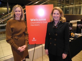 Mental health advocate Karen Gosbee (left) and Brenda Mackie, president, Hotchkiss Family Foundation were two of the keynote speakers at the University of Calgary Chancellor’s Club event.