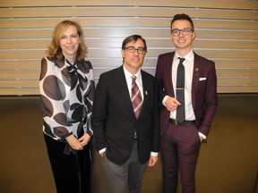 From left: Canadian Mental Health Association executive director Laureen MacNeil, Dr. Paul Arnold, inaugural director of the Mathison Centre for Mental Health & Education and the Alberta Innovates Translational Health Chair in Child and Youth Mental Health at the University of Calgary; and Brett Rothery, fourth-year Chancellor’s Scholar.